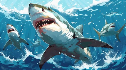 Shark Business Strategy, Powerful illustrations featuring sharks to represent strategic thinking,...