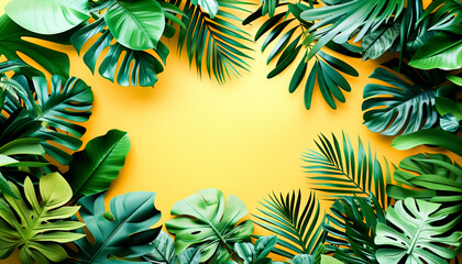 Fototapeta na wymiar Tropical leaves frame on a vibrant yellow background, Monstera and palm fronds, flat lay with space for text.