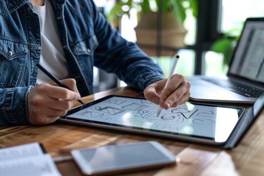 A businessman sits at his desk sketching web design elements with focused precision, Generated by AI
