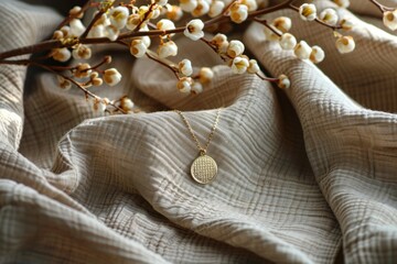A golden necklace with a pendant on a textured fabric with dried flowers.