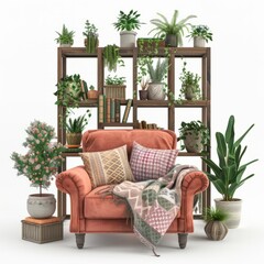 3D Render of a cozy reading nook in a Boho living room with a vintage armchair, bookshelves filled with plants, and a soft throw blanket, on isolated white background, Generative AI
