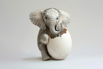 A baby elephant is holding an egg in its trunk