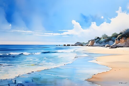  Tranquil morning beach painted in watercolors.