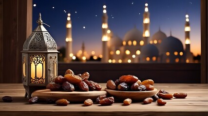 Dates for Ramadan iftar on a wooden table with the backdrop of an evening mosque