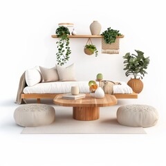 3D Render of a relaxed Boho living room featuring a low-profile sofa, macrame wall hangings, and natural wood accents, on isolated white background, Generative AI