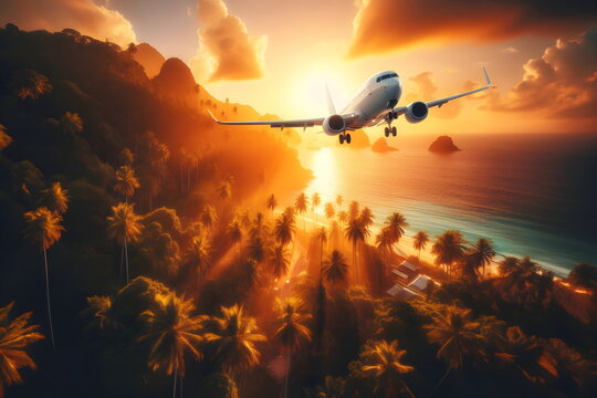 airplane flying over palm trees at sunset with the sun setting