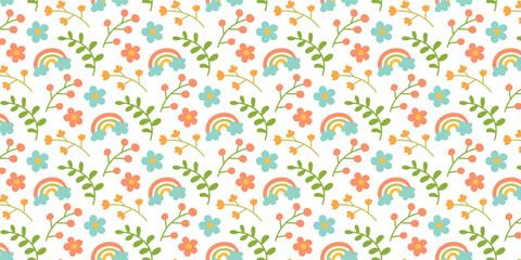 Seamless pattern with cute spring flowers, leaves and twigs in pastel colors. Floral spring background in a simple flat hand drawn style.