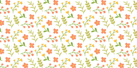 Fototapeta na wymiar Seamless pattern with cute spring flowers, leaves and twigs in pastel colors. Floral spring background in a simple flat hand drawn style.