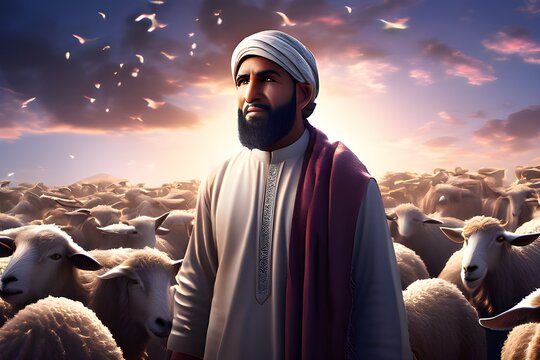   The prophet stands before a flock of sheep, symbolizing guidance and leadership. The image also includes Jesus on the cross.
