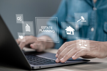 Estate Planning concept. Planning for the transfer of assets and Inheritance tax. Businessman using laptop with estate planning icons on virtual screen.