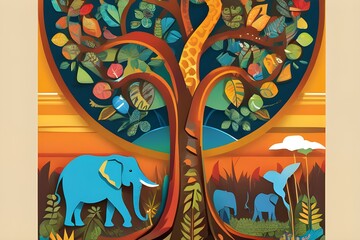   Vibrant painting of an elephant and giraffe surrounded by a tree, elephant in the park.