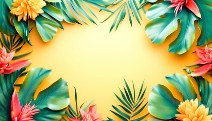 Tropical background with a vibrant frame of green leaves and colorful flowers on a sunny yellow backdrop.