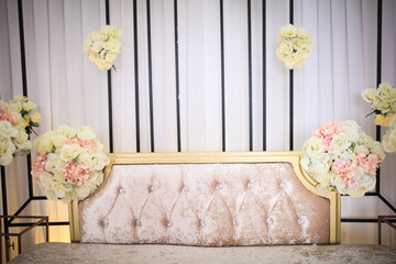 Beautiful wedding stage for malay wedding reception. Detail of wedding stage. - obrazy, fototapety, plakaty