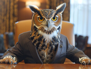 A man dressed in a suit and tie is sitting at a desk with an owl on his head