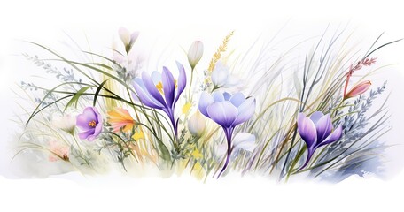 Watercolor, delicate pastel spring flowers in the lower corner 1:3 from the whole picture: crocuses, snowdrops, willow branches, white background