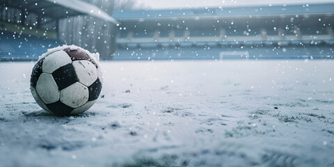 Close-up classic soccer ball on a snow covered playground and blurred soccer goal Soccer ball on snow during snow fall