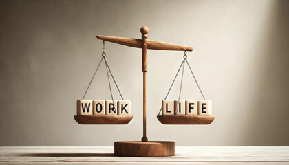 Scales of Work-Life Balance in Wooden Simplicity, Wooden scales perfectly balanced, encapsulating the work-life concept with simple elegance on a serene background.
