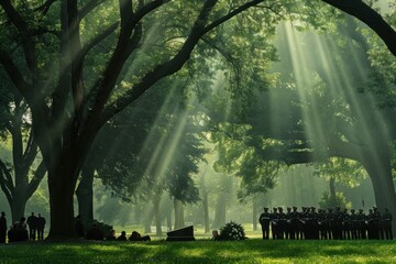 Military personnel in uniform during a solemn funeral ceremony in a forest. - obrazy, fototapety, plakaty