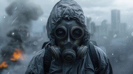 A man in a gas mask is standing in a city street. - obrazy, fototapety, plakaty