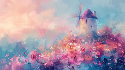 Abstract impressionist painting of a windmill at sunset.