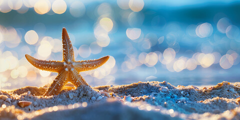 Starfish at beach sand during the sunset for summer with blurred bokeh lights  background - obrazy, fototapety, plakaty