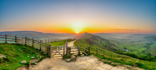 The Great Ridge at sunrise. Mam Tor hill panorama in Peak District. United Kingdom 