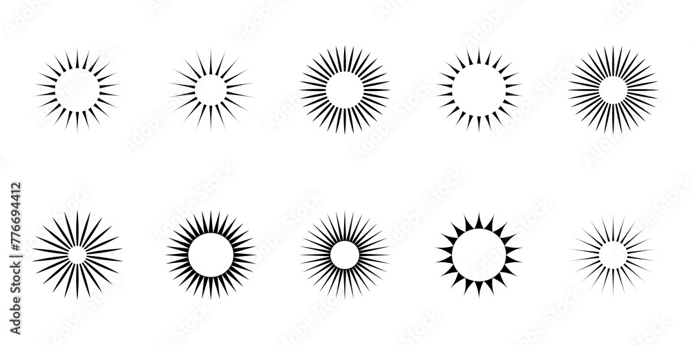 Poster simple radial rays – collection of sunburst symbols – vector illustration of simple suns isolated on