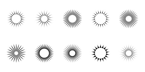 Simple radial rays – Collection of sunburst symbols – Vector illustration of simple suns isolated on a white background