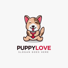 Cute puppy dog hug a heart love logo mascot vector template on white background