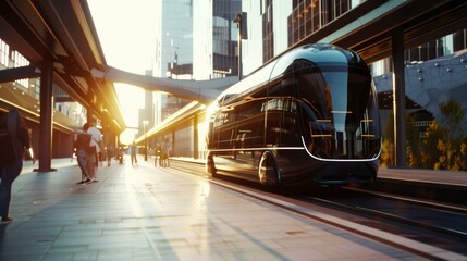 A futuristic train is traveling down a city street. Generative AI.
