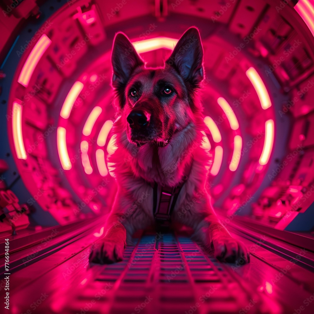 Poster a dog sitting in a tunnel with red lights on it. generative ai.