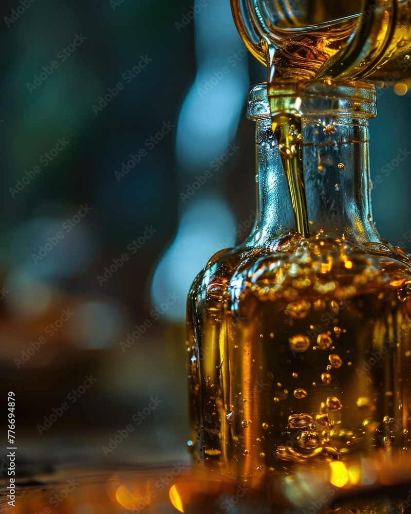 Poster a close up of a bottle being filled with honey. generative ai.