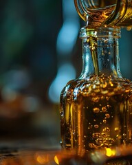 A close up of a bottle being filled with honey. Generative AI.