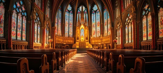A church with stained glass windows and pews in the middle. Generative AI.
