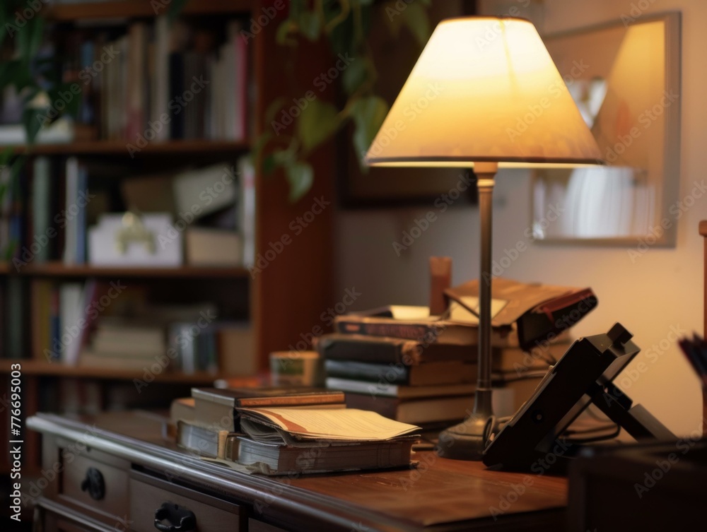 Poster a desk with a lamp on top of it and books. generative ai.