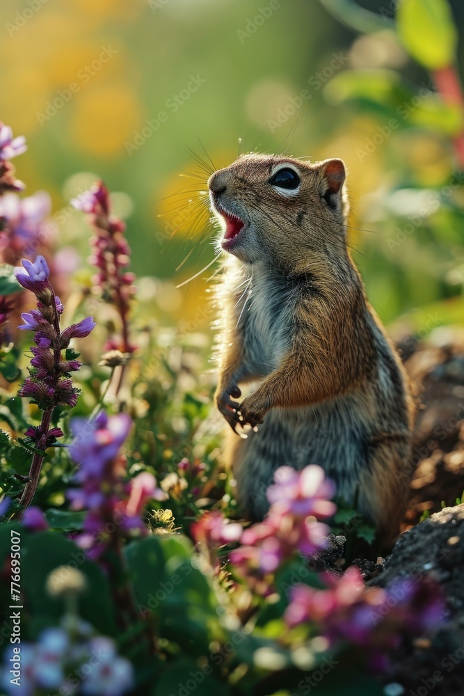 Poster a squirrel is sitting in the middle of a field with flowers. generative ai.