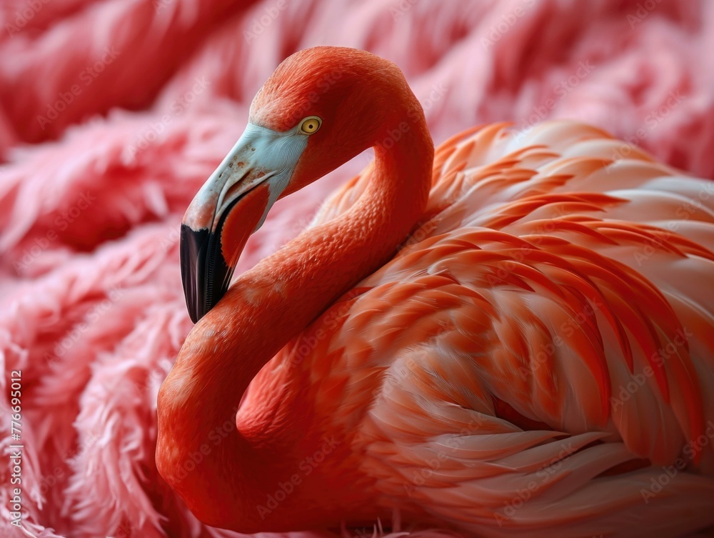 Poster a close up of a flamingo sitting on top of some pink feathers. generative ai.