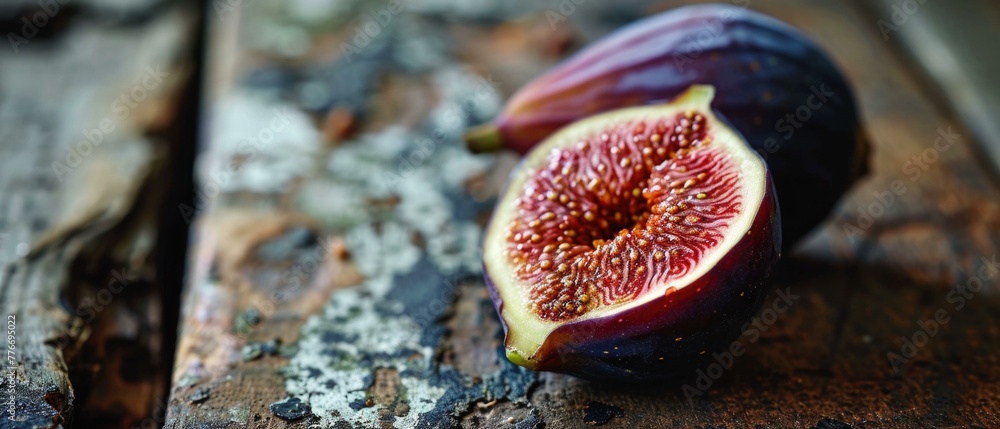 Poster a close up of a fig on top of some wood. generative ai.