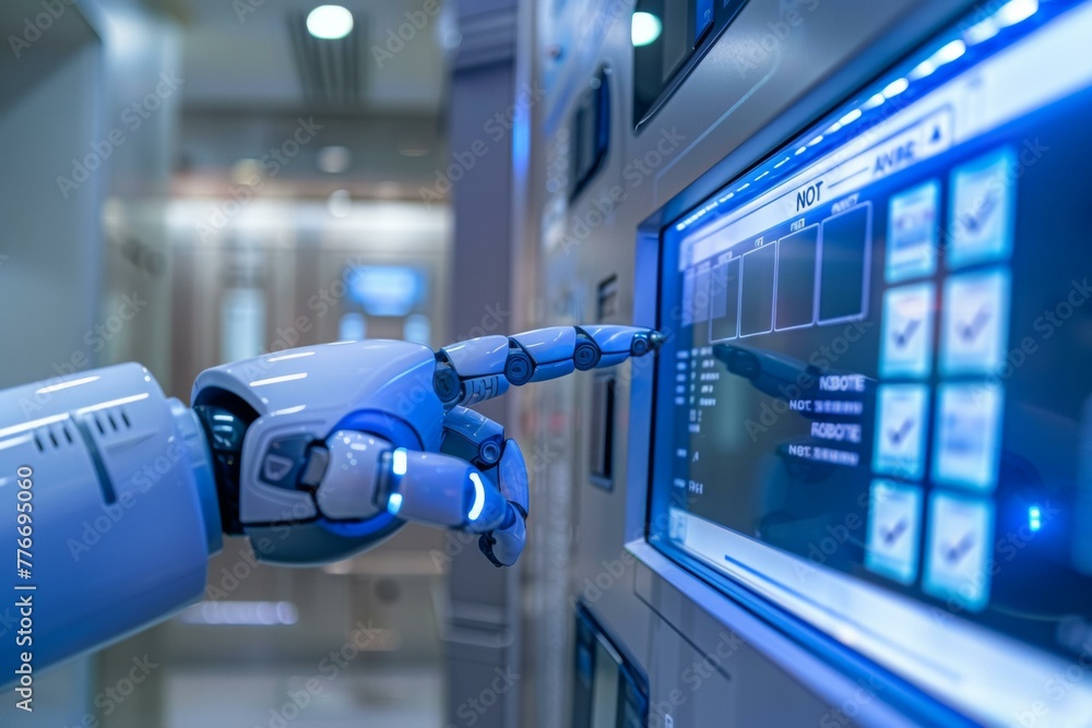Poster a robot hand is touching a touch screen on the wall. generative ai.