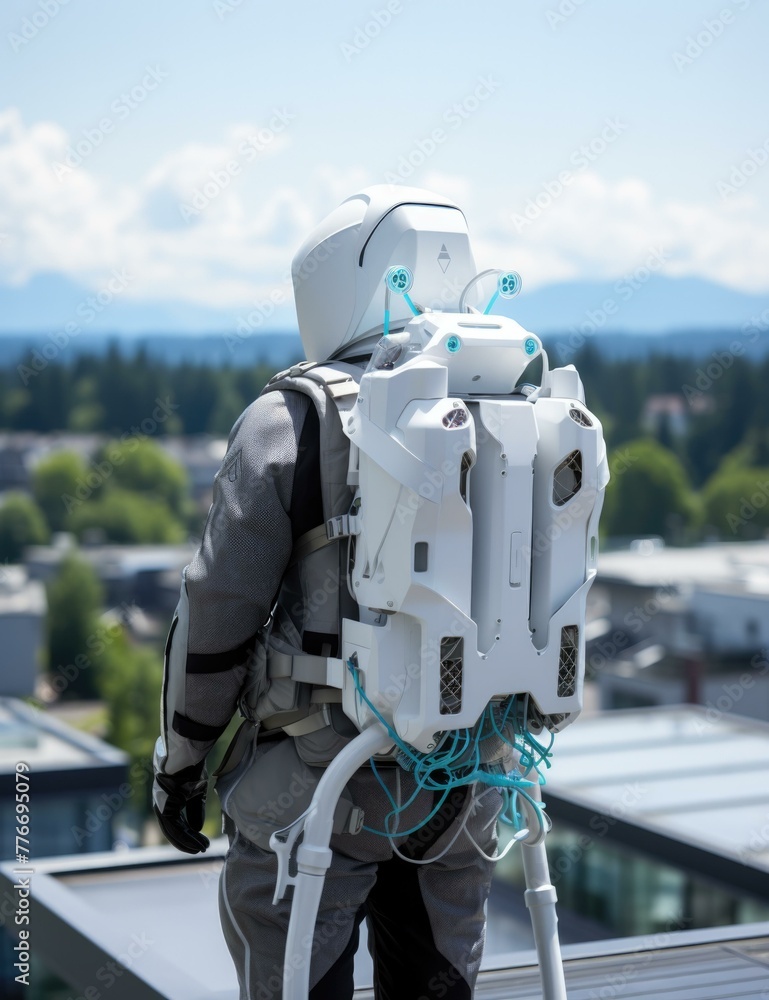 Poster A man in a white suit with backpack standing on top of building. Generative AI.