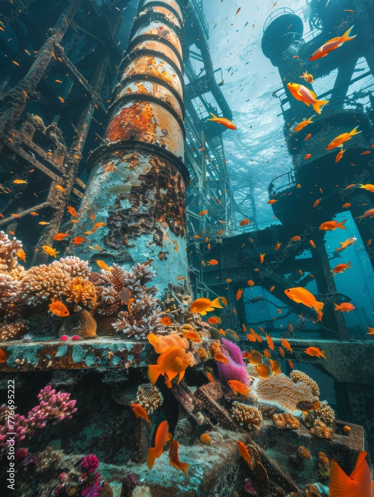 Poster old factory underwater where a large coral reef with many fish swimming around it. generative ai.