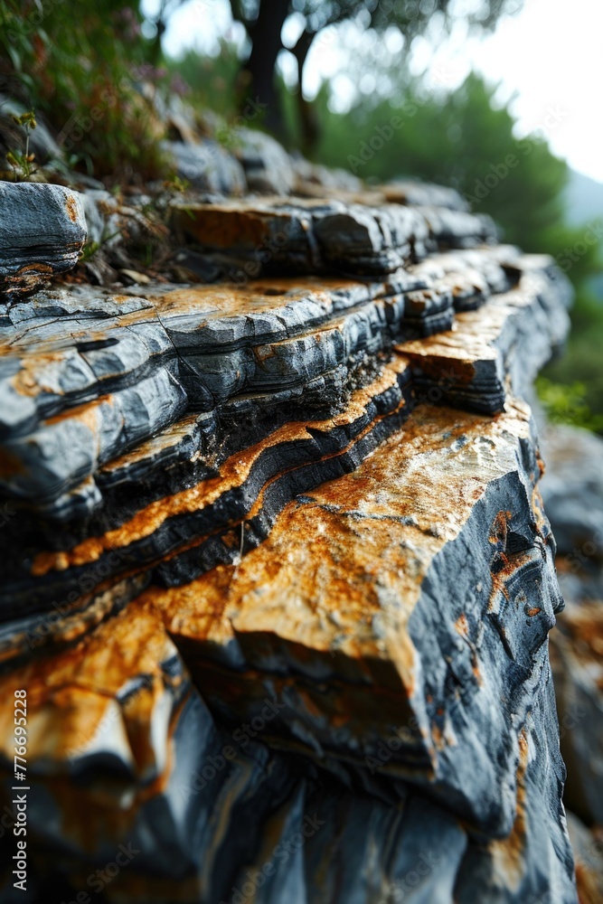 Poster a close up of a rock formation with trees in the background. generative ai.