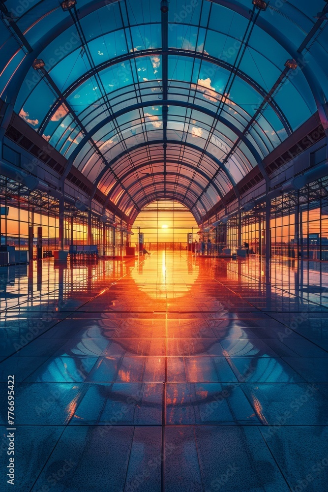 Poster a large glass building with a sun setting in the background. generative ai.