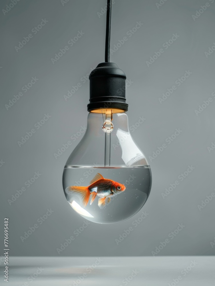 Aufkleber a light bulb with a goldfish inside of it on the table. generative ai.