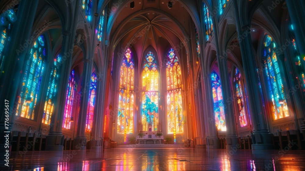 Poster a large cathedral with many colorful stained glass windows. generative ai.