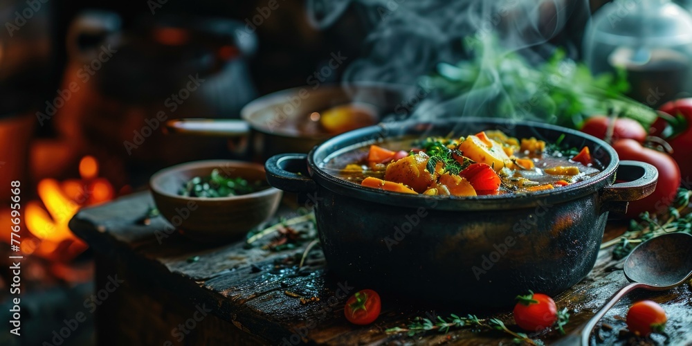 Poster a pot of stew with vegetables and spices on a table. generative ai.