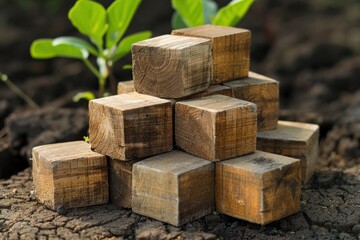 Wooden blocks stacked in a pyramid shape on a linen cloth.