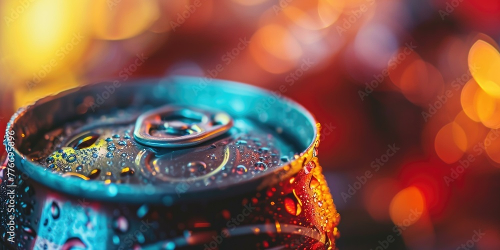 Aufkleber a close up of a can with water droplets on it. generative ai.