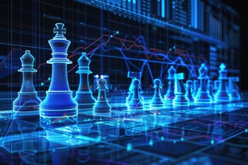 A conceptual scene of chess pieces on a board that doubles as a financial dashboard strategy meeting analytics