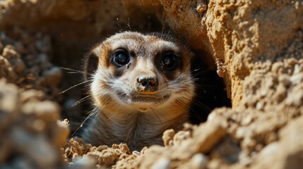 Naklejka premium A meerkat peeks out from a hole in the ground. Generative AI.